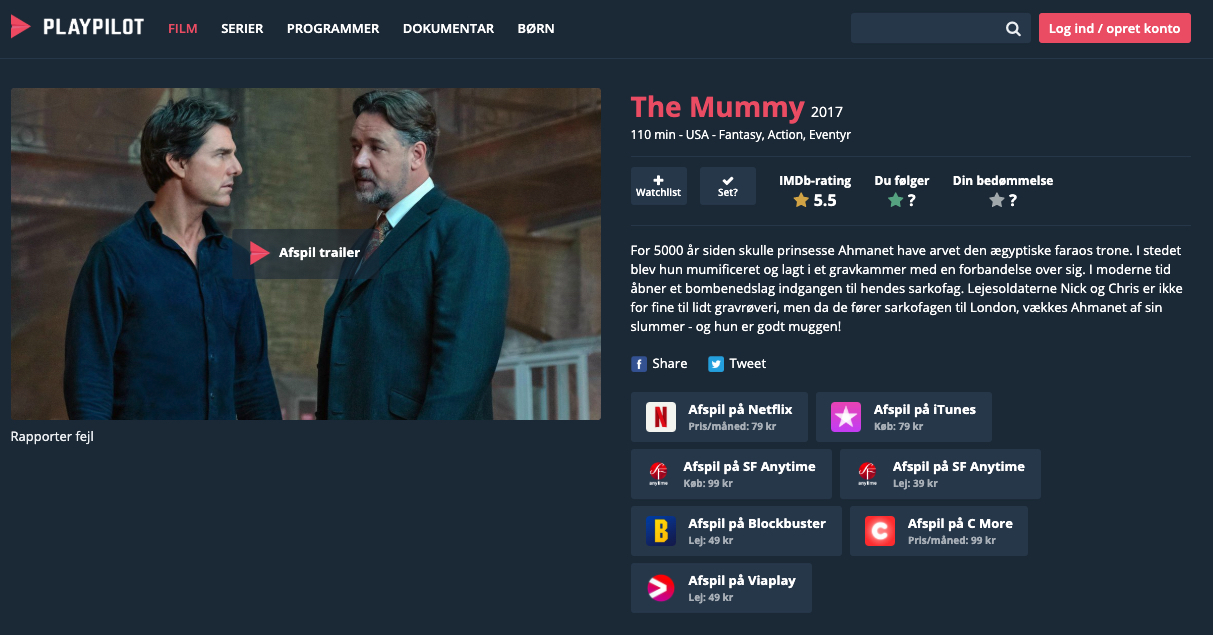 PlayPilot viser overskueligt på hvilke dansk tilgængelige streamingtjenester man vil kunne se "The Mummy"
